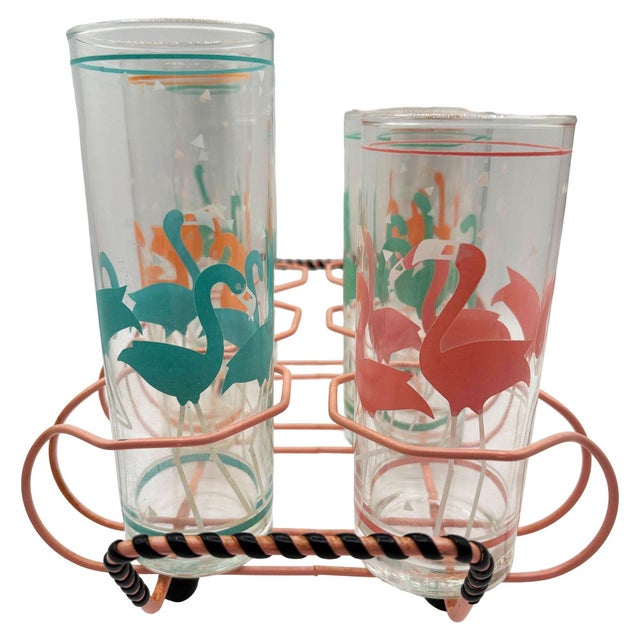 1950s Mid-Century Modern Pink Wire Frame Drinks Tray W/ Six Highball Flamingo Glasses For Sale In Los Angeles - Image 6 of 10