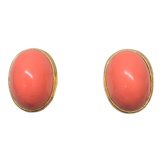 Vintage Signed Alexis Kirk Cabochon Faux-Coral Clip Earrings-2 Pieces For Sale