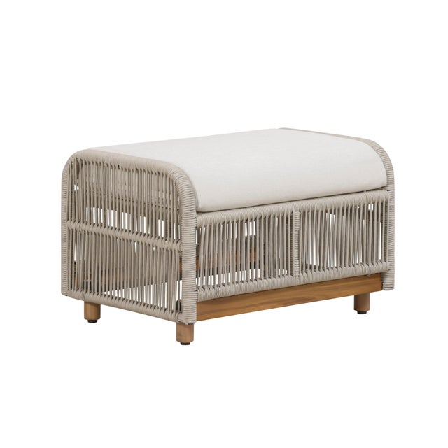 Modern Alpine Teak Wood Outdoor Ottoman With Biege Rope Design For Sale - Image 3 of 5