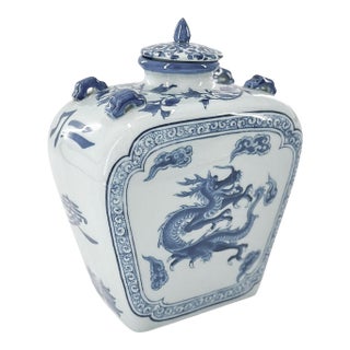 Blue & White Dragon Temple Jar With Lid For Sale