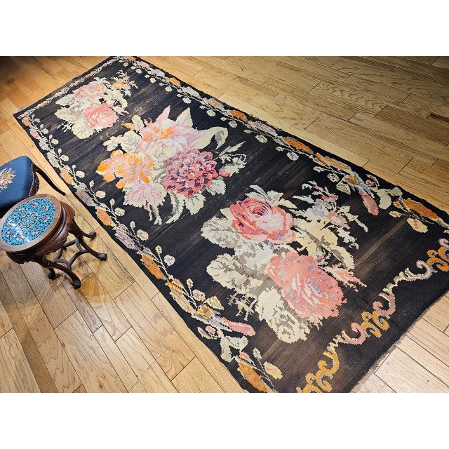 Textile Vintage Caucasian Karabagh Kilim, Floral wreath Design, Handwoven Wool, 5' x 14' For Sale - Image 7 of 17