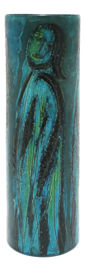 Italian Bitossi Blue Pottery Vase With Figurative Design