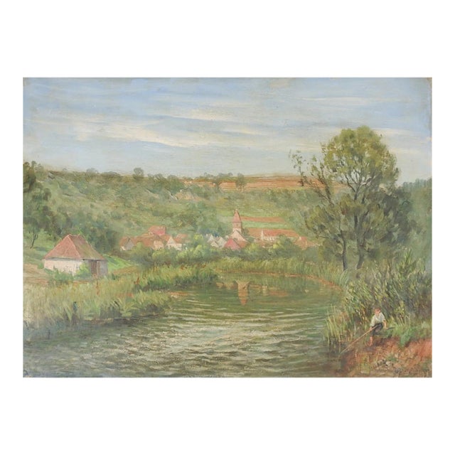Vintage Mid 20th Century French River Landscape Painting For Sale