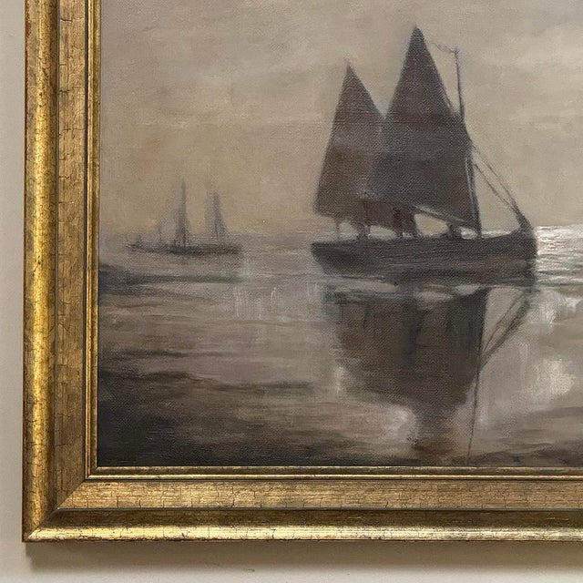 Greige Antique Framed Nautical Oil Painting on Panel ~ Signed For Sale - Image 8 of 15