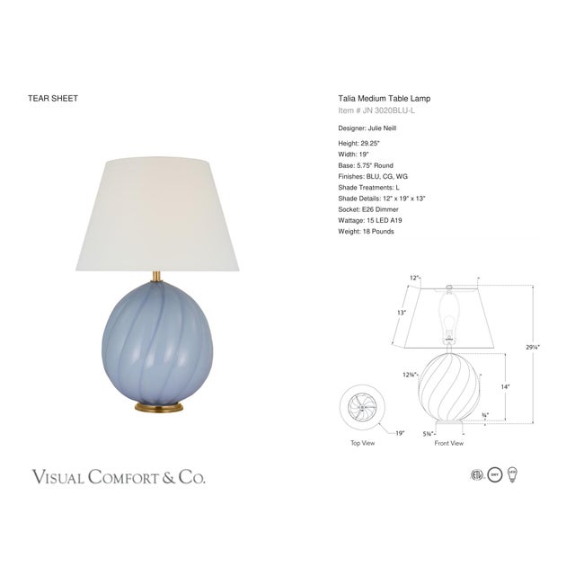 Julie Neill by Visual Comfort Signature Talia Medium Table Lamp in Blue with Linen Shade Designer: Julie Neill Height:...