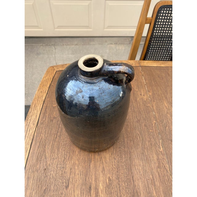 Vintage 20th C. 10.5" brown pottery crock jug with handle. Handmade. Jug: 7"W x 10.5"H