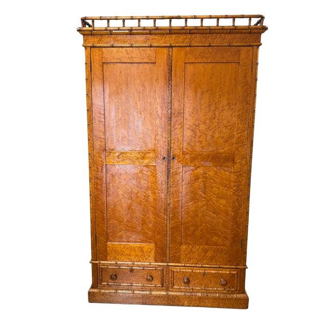 Early 20th Century French Belle Époque Faux Bamboo Bird's-Eye Maple Armoire For Sale - Image 4 of 14