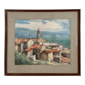 Watercolor of Mediterranean Hillside Village Signed “As”
