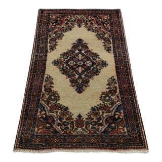 1900 2'x4' Ivory Antique Sarouk Mat Hand Knotted Pure Wool Open Field Medallion Rug For Sale