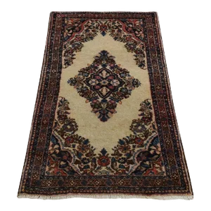 1900 2'x4' Ivory Antique Sarouk Mat Hand Knotted Pure Wool Open Field Medallion Rug