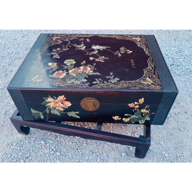 Vintage Handpainted Coffee Table Size Chinese Trunk With Stand For Sale - Image 10 of 13