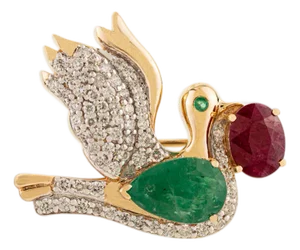 Art Deco 2.87 CTS Emerald & Ruby Dove Brooch Pin With Pave Set Diamonds in 14k Solid Gold