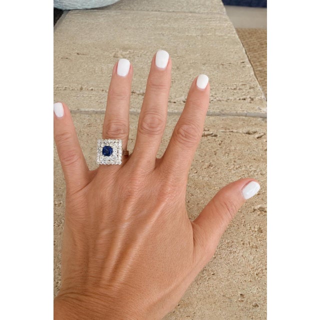 Vintage Sapphire & Diamond Square Cluster Ring in 14k White Gold, Size 7 For Sale - Image 13 of 13