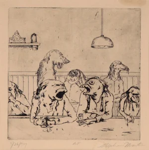 1970s "Conversations at the Bar" Figurative Animal Etching by Stephen Martin