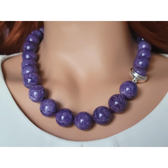 Metal Chatoyant Charoite Necklace With Sterling Silver Charoite Clasp For Sale - Image 7 of 9