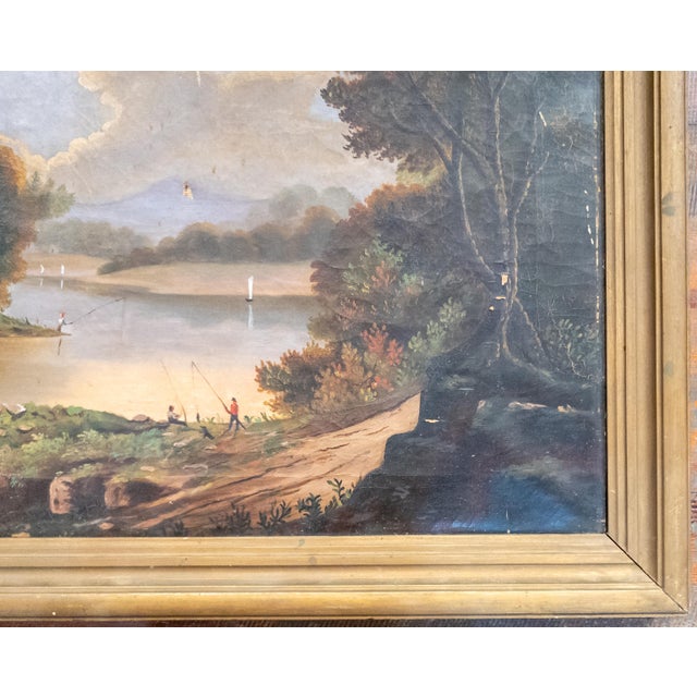 Mid 19th Century 19th Century American Naive Folk Art Landscape Painting With Fishermen For Sale - Image 5 of 18