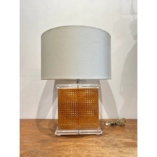 Cane and Lucite Table Lamp With White Linen Shade | Chairish
