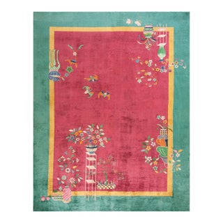 1920s Pink Floral Antique Antique Chinese Rug by Nichols Workshop 8' 9"x 11' 4" Handknotted Wool Carpet For Sale