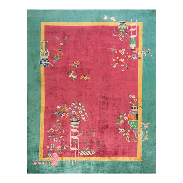 1920s Pink Floral Antique Antique Chinese Rug by Nichols Workshop 8' 9"x 11' 4" Handknotted Wool Carpet For Sale