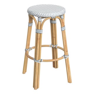 Tobias 30 in. Seat Height Round Rattan Backless Bar Stool, White/Sky Blue Dot / Natural Rattan Frame For Sale