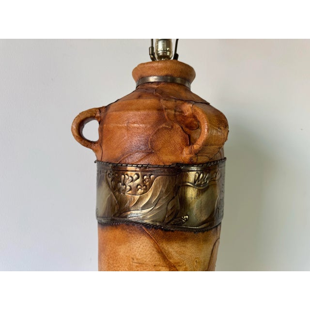 1980s Vintage Organic Modern Wrapped Leather and Embossed Metal Table Lamp/ Sold For Sale - Image 10 of 12