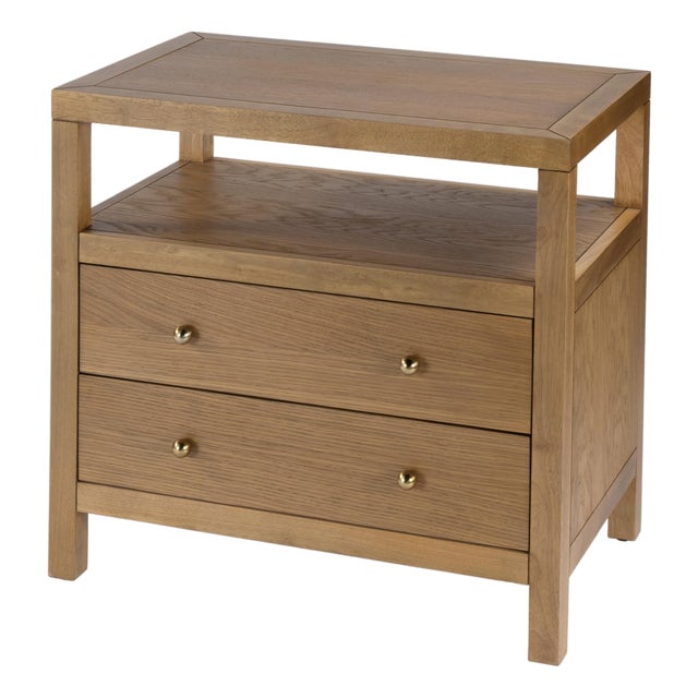 Nora 28 in. W Rectangular 2 Drawer Wide Nightstand with Open Shelf, Light Natural For Sale