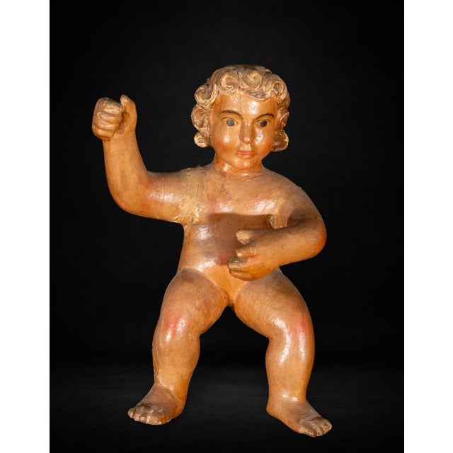 Baroque Spanish Carved Polychrome Wooden Cherubs, Baroque, 1650, Set of 2 For Sale - Image 3 of 9