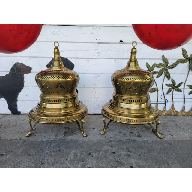 1960's vintage set of two French style brass and copper bell brazier heaters. Fire pits or incense pits. Beautiful head...