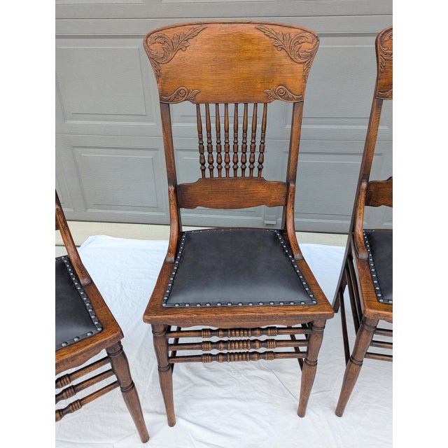 Brown Antique Pressed Back Oak Dining Chairs With Leather Seats - Set of 4 For Sale - Image 8 of 18