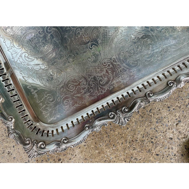 Mid 20th Century Mid 20th Century Birmingham Large Footed Silver Plate Serving Tray Etched Reticulated Raised Edge For Sale - Image 5 of 12