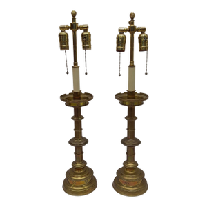 Mid 20th Century Architrade Lamps Regency Hollywood Candlestick Style Table Lamps - a Pair