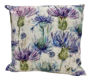 16" Square Pillow Bursting With a Purple and Blue Mountain Cornflowers Floral Pattern - Made in Uk.