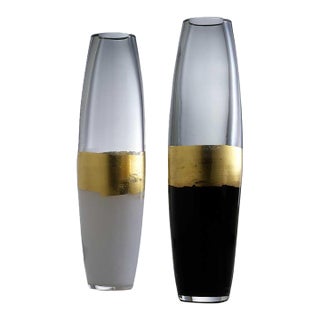 Barovier & Toso "Aurum" Murano Glass Vases — Gold Leaf, Set of 2 (White/Grey & Black/Grey) For Sale