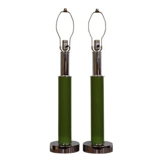 Green & Chrome Table Lamps - A Pair For Sale