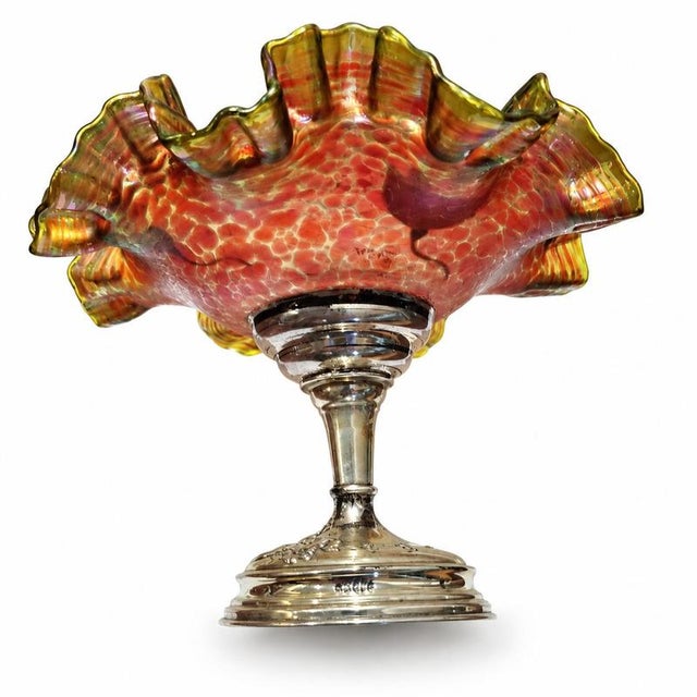 Footed bowl/centerpiece in painted glass and Portuguese silver - Javali hallmark, c. 1890–1920. Large footed bowl,...