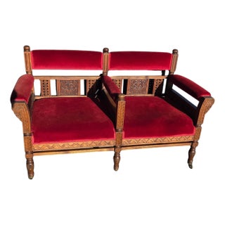 19th Century Victorian Conversational Two-Seater Settee – Red Velvet, Carved Wood Details For Sale