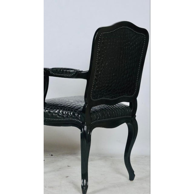 Black Faux Crocodile & Glossy Black Louis XV Style Armchairs — A Pair For Sale - Image 10 of 10