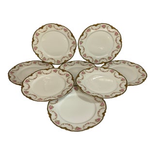Mid 20th Century French Limoges Haviland Pink Roses With Elaborate Gold Rim - Set of 8 For Sale