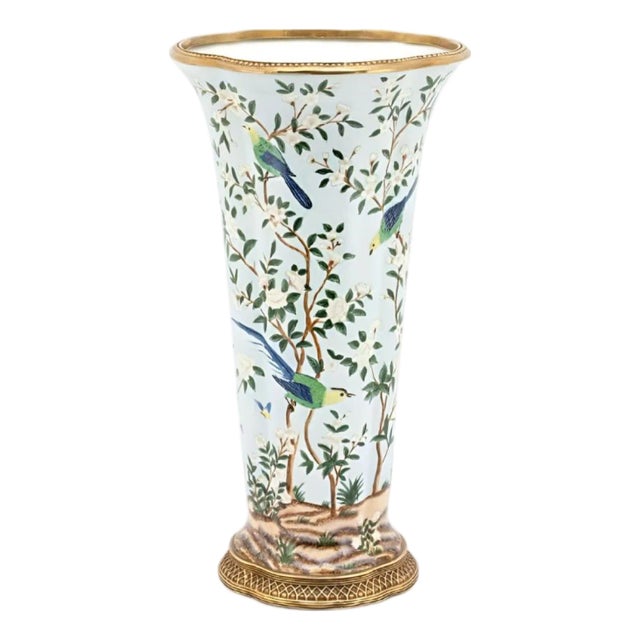 Regency Style Elegant Cloisonné Vase With Metal Rim and Hand Painted Bird Scene For Sale