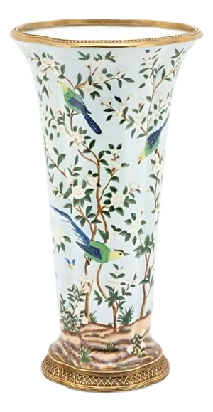Regency Style Elegant Cloisonné Vase With Metal Rim and Hand Painted Bird Scene