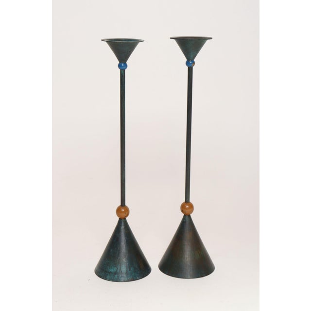 Memphis Pair of Milano Series Verdigris Bronze Candle Holders by Christian De Beaumont For Sale - Image 3 of 18