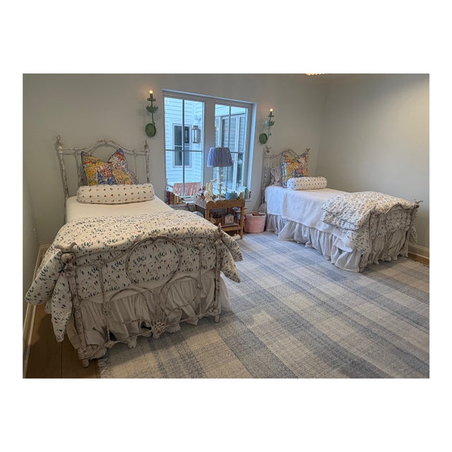 Pair of 1990s Custom Distressed White Iron Twin Beds by Corsican Furniture With Bird Finials For Sale