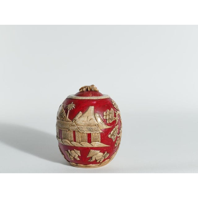 Vintage Vietnamese Red Hand Carved Soapstone Lidded Jar For Sale - Image 3 of 17