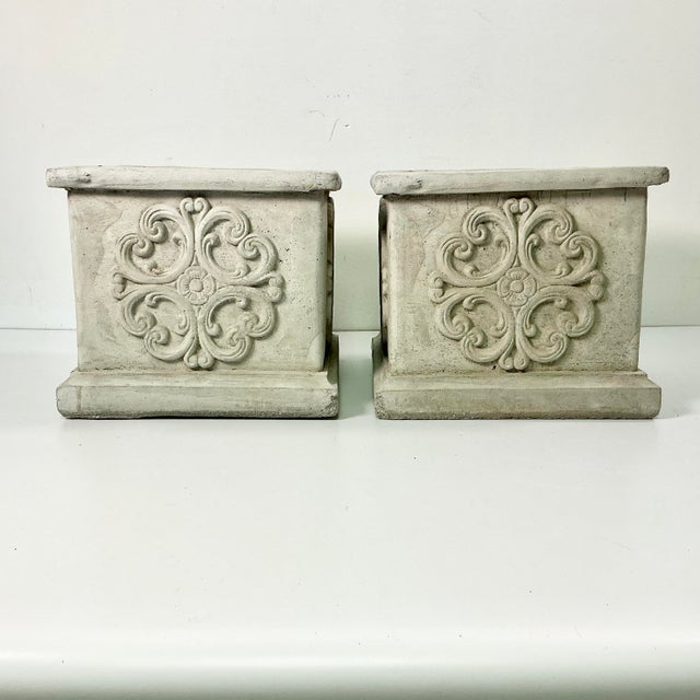 Chippendale 1989 Vintage Italian Florentine Style Medallion Reconstituted Stone Planters - A Pair For Sale - Image 3 of 10
