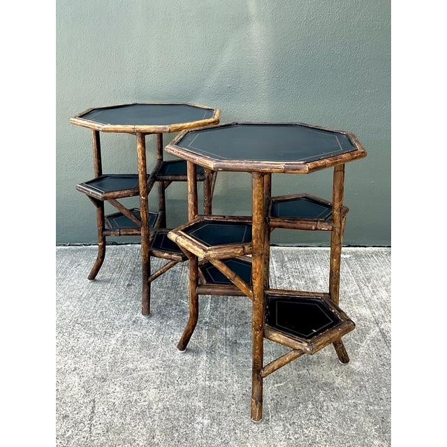 Hollywood Regency Vintage Octagon Burnt Bamboo Side Tables - A Pair For Sale - Image 3 of 12