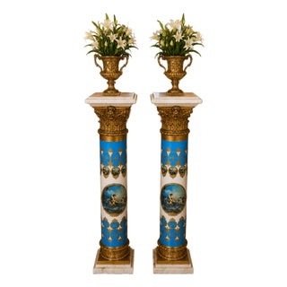 1980s French Louis XVI Gold Metal Marble Pedestals - Pair of 2 PCS For Sale