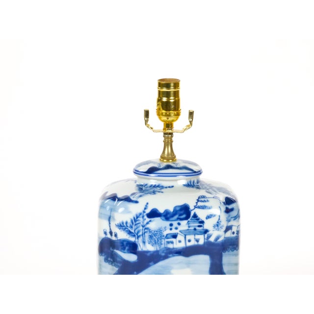Late 20th Century 20th Century Blue / White Chinoiserie Porcelain Wood Base Pair of Table Lamps - Pair For Sale - Image 5 of 10