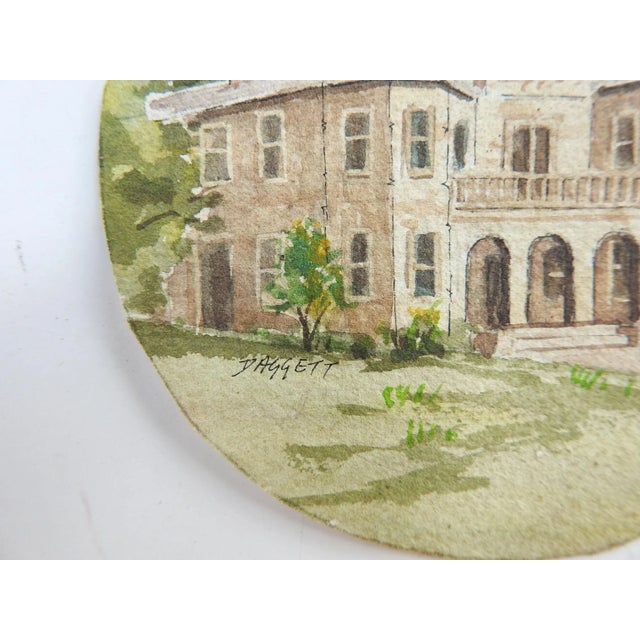 Tiny round watercolor on paper by Ken Daggett (New Mexico). Large building, maybe an old courthouse with American flag...