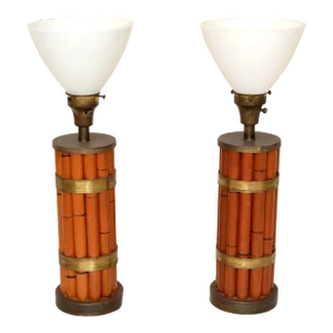 Pair Russel Wright Bamboo & Brass Handmade Mid-Century Modern Table Lamps Milk Glass Globe