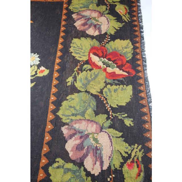 Mid 20th Century Vintage Moldovan Floral Kilim With Central Vase Bouquet – Handwoven Eastern European Flatweave Square Kilim - 8' 8'' X 9' 2'' For Sale - Image 5 of 11